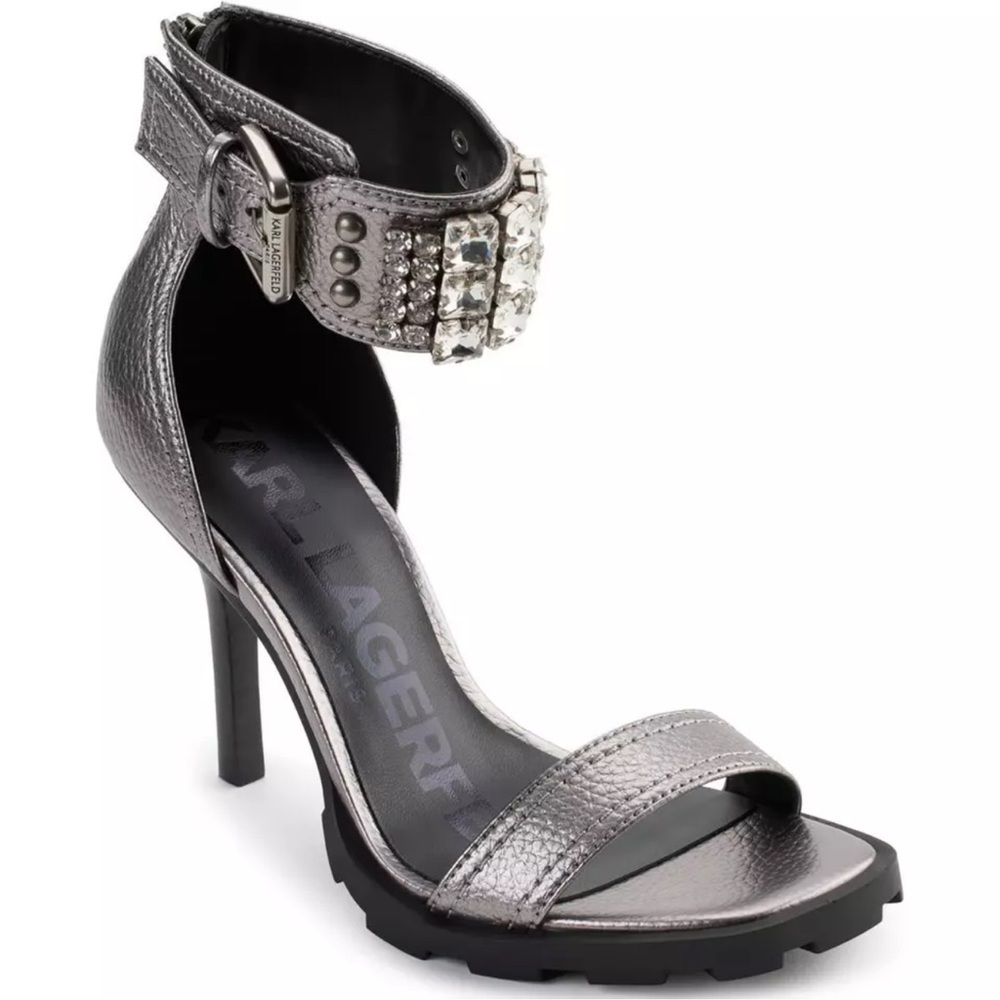 NEW KARL LAGERFELD Malinda Ankle Cuff Sandals - Pewter - size 9M/40B - Picture 1 of 5